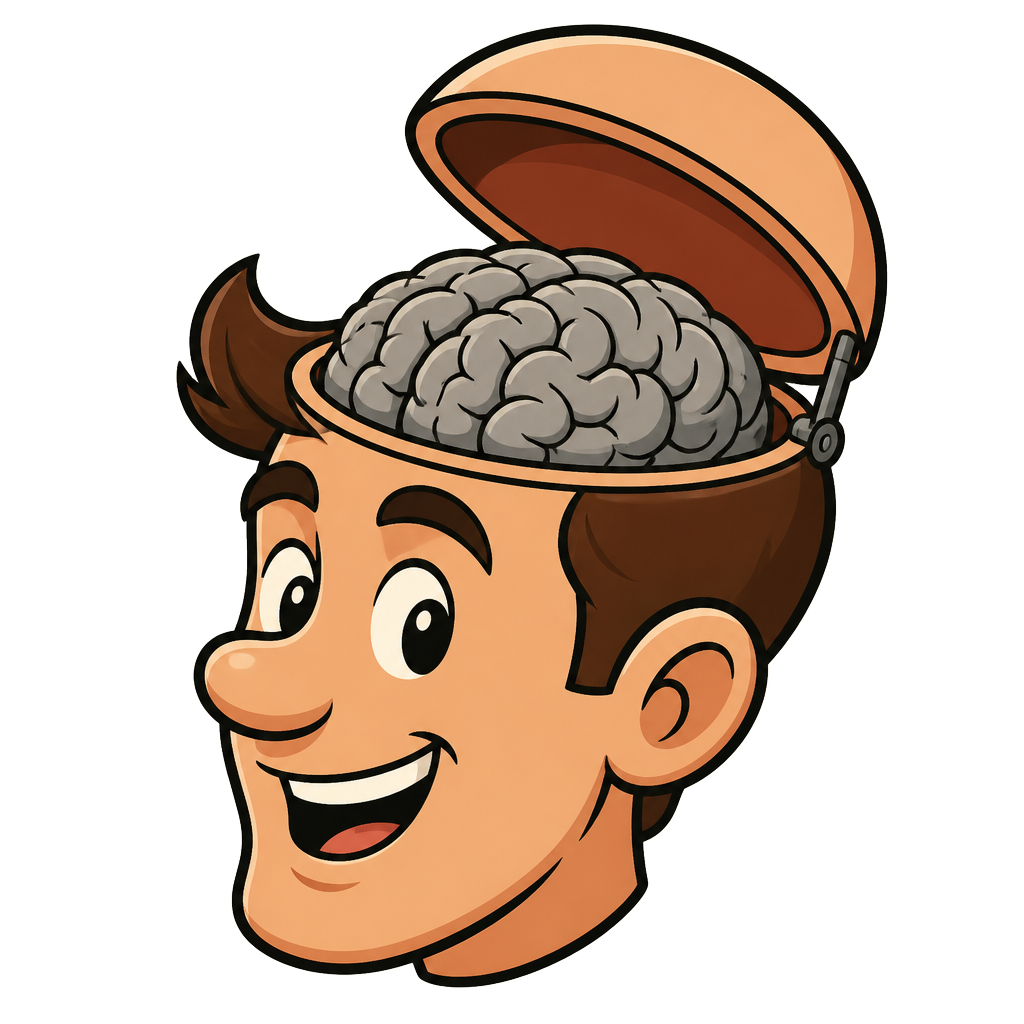 Cartoon illustration of a head with the skull open, revealing the brain